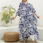 White Blue Skull Floral Pattern Print Silk V-Neck Kaftan Dress