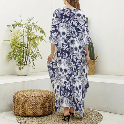 White Blue Skull Floral Pattern Print Silk V-Neck Kaftan Dress