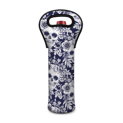 White Blue Skull Floral Pattern Print Single Neoprene Wine Tote