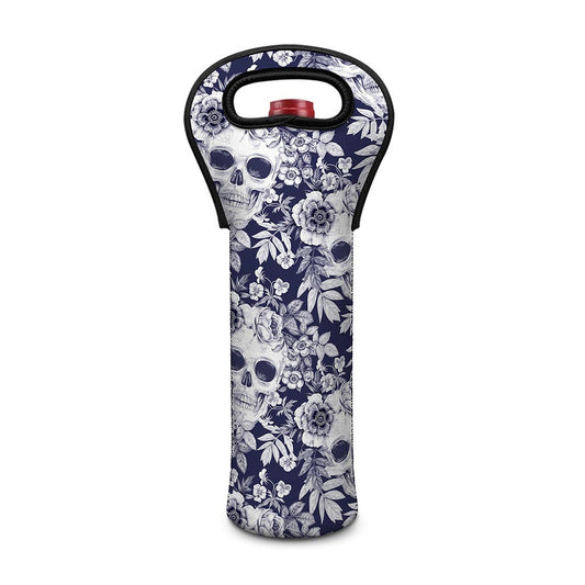 White Blue Skull Floral Pattern Print Single Neoprene Wine Tote