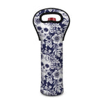 White Blue Skull Floral Pattern Print Single Neoprene Wine Tote