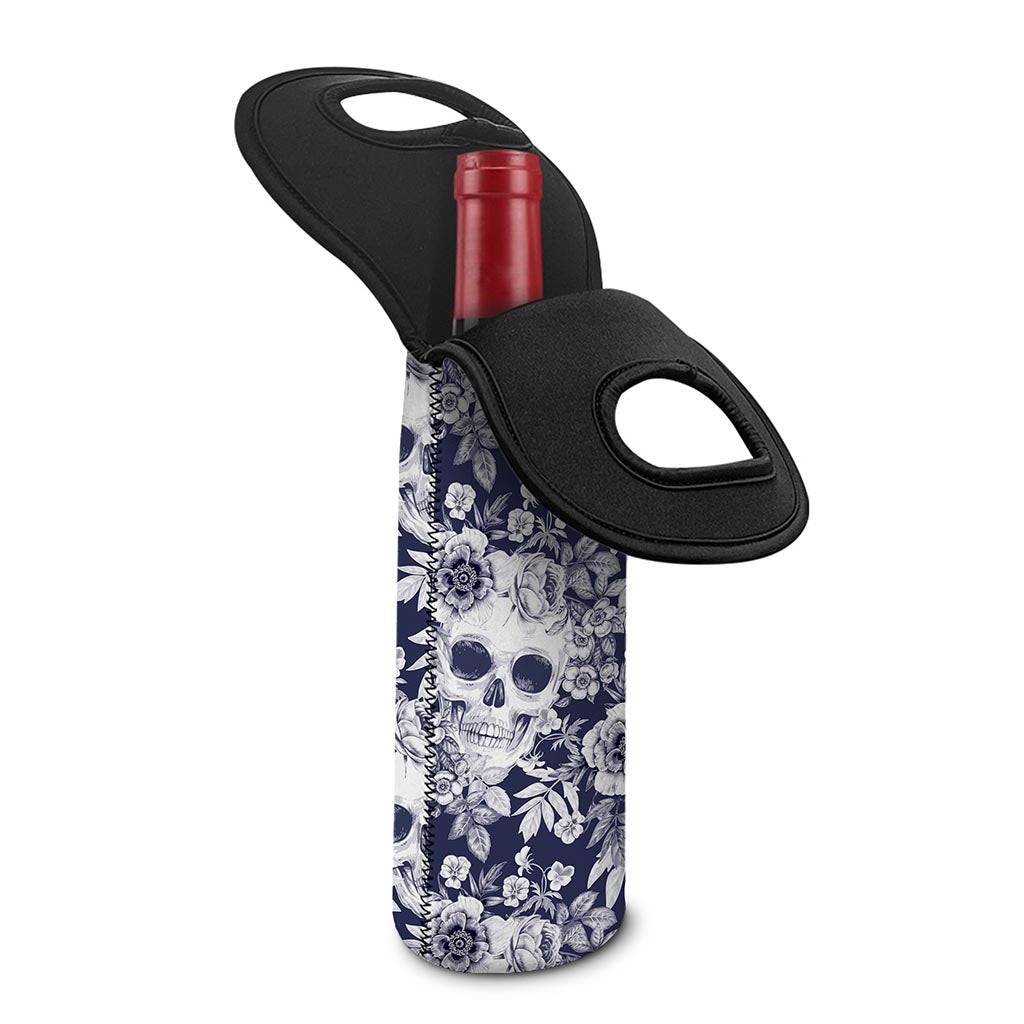 White Blue Skull Floral Pattern Print Single Neoprene Wine Tote