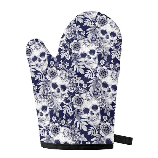 White Blue Skull Floral Pattern Print Single Oven Mitt