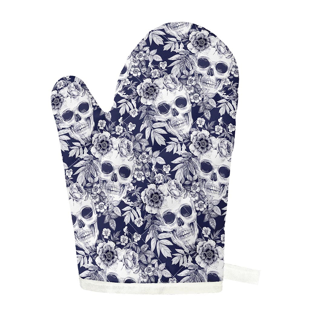 White Blue Skull Floral Pattern Print Single Oven Mitt