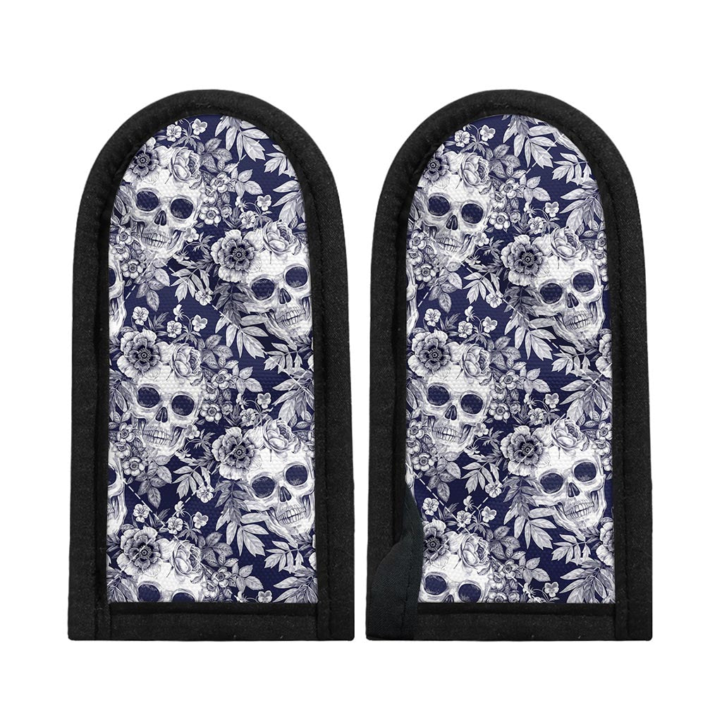 White Blue Skull Floral Pattern Print Skillet Handle Cover