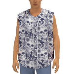 White Blue Skull Floral Pattern Print Sleeveless Baseball Jersey
