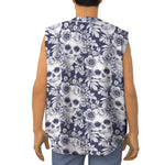 White Blue Skull Floral Pattern Print Sleeveless Baseball Jersey