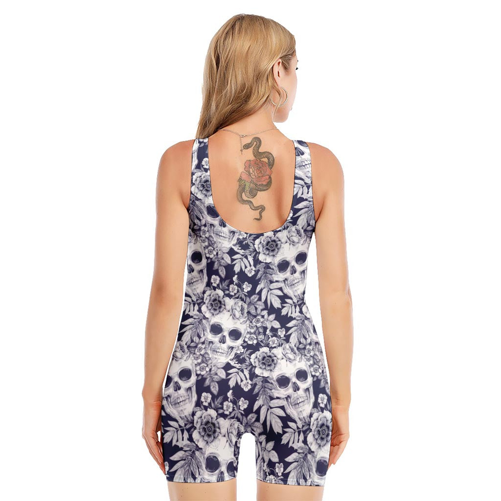 White Blue Skull Floral Pattern Print Sleeveless One Piece Swimsuit