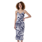 White Blue Skull Floral Pattern Print Slim Fit Midi Cami Dress