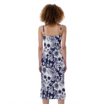 White Blue Skull Floral Pattern Print Slim Fit Midi Cami Dress