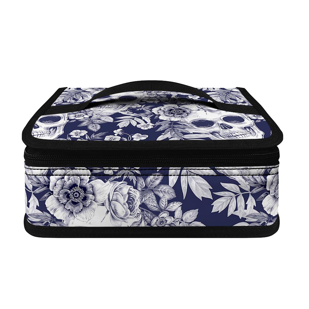 White Blue Skull Floral Pattern Print Small Lunch Bag