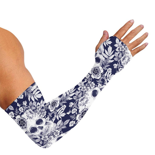 White Blue Skull Floral Pattern Print Sun Protection Arm Sleeves