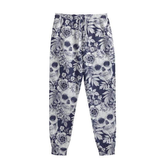 White Blue Skull Floral Pattern Print Sweatpants
