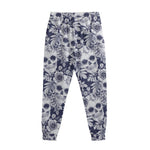 White Blue Skull Floral Pattern Print Sweatpants