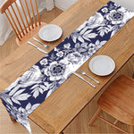 White Blue Skull Floral Pattern Print Table Runner