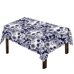 White Blue Skull Floral Pattern Print Tablecloth