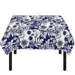 White Blue Skull Floral Pattern Print Tablecloth