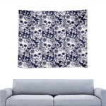 White Blue Skull Floral Pattern Print Tapestry