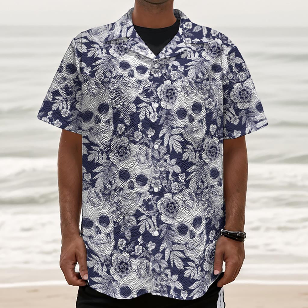 White Blue Skull Floral Pattern Print Textured Short Sleeve Shirt