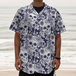 White Blue Skull Floral Pattern Print Textured Short Sleeve Shirt