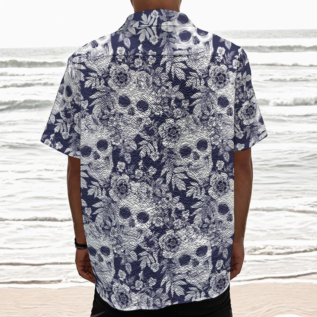 White Blue Skull Floral Pattern Print Textured Short Sleeve Shirt