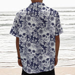 White Blue Skull Floral Pattern Print Textured Short Sleeve Shirt