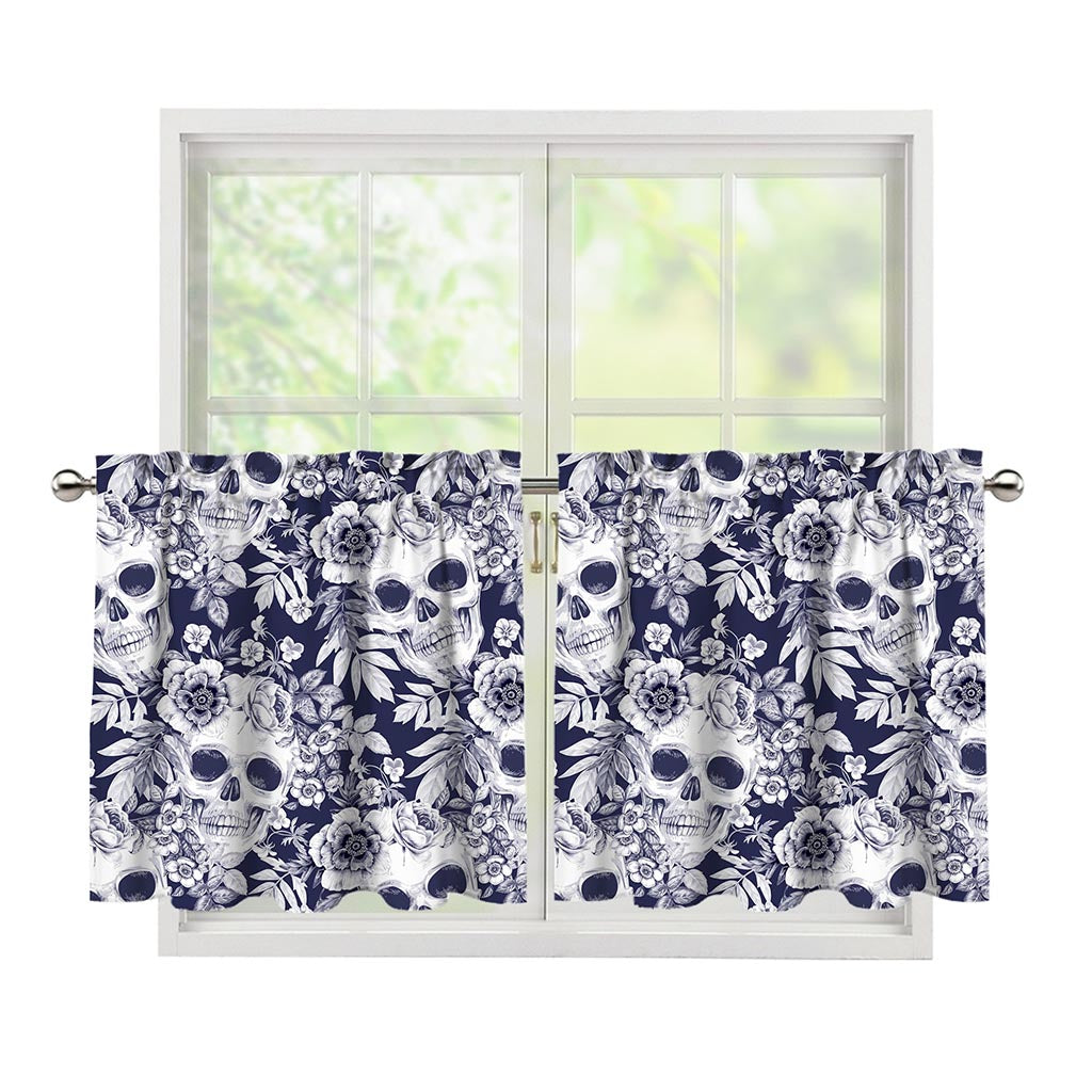 White Blue Skull Floral Pattern Print Tier Curtains