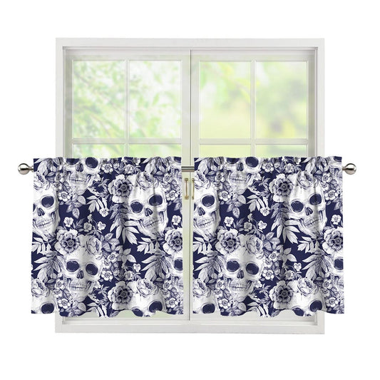 White Blue Skull Floral Pattern Print Tier Curtains