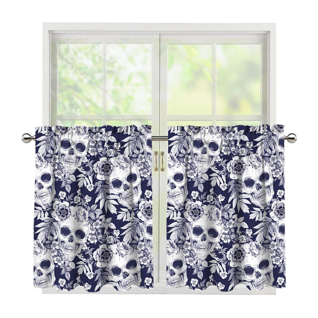 White Blue Skull Floral Pattern Print Tier Curtains