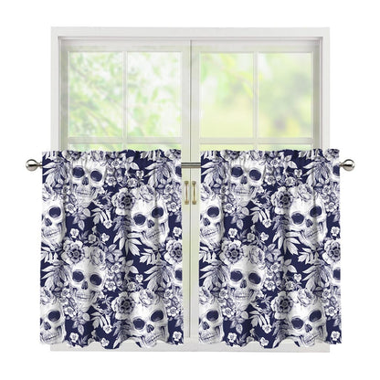 White Blue Skull Floral Pattern Print Tier Curtains