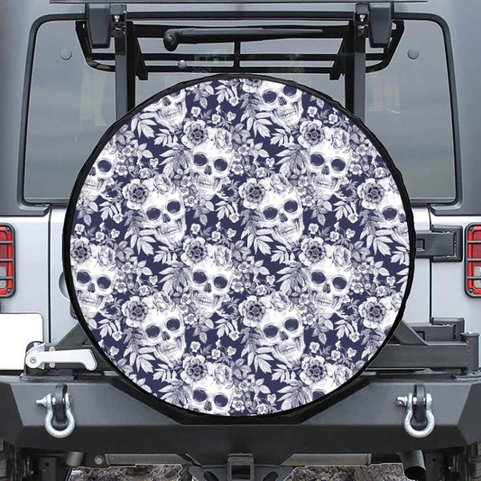 White Blue Skull Floral Pattern Print Tire Cover