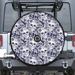 White Blue Skull Floral Pattern Print Tire Cover With Camera Hole