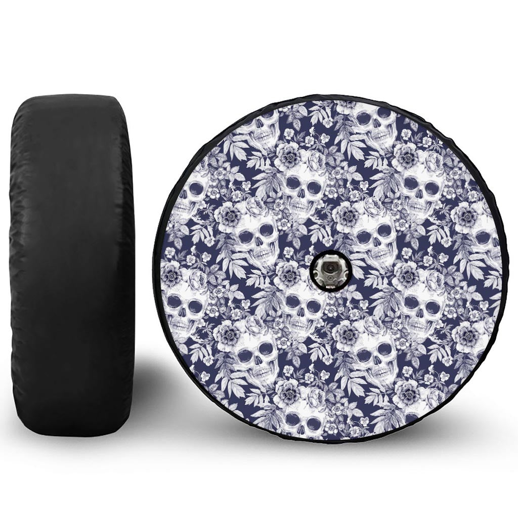 White Blue Skull Floral Pattern Print Tire Cover With Camera Hole