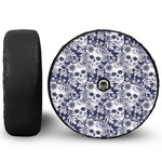 White Blue Skull Floral Pattern Print Tire Cover With Camera Hole
