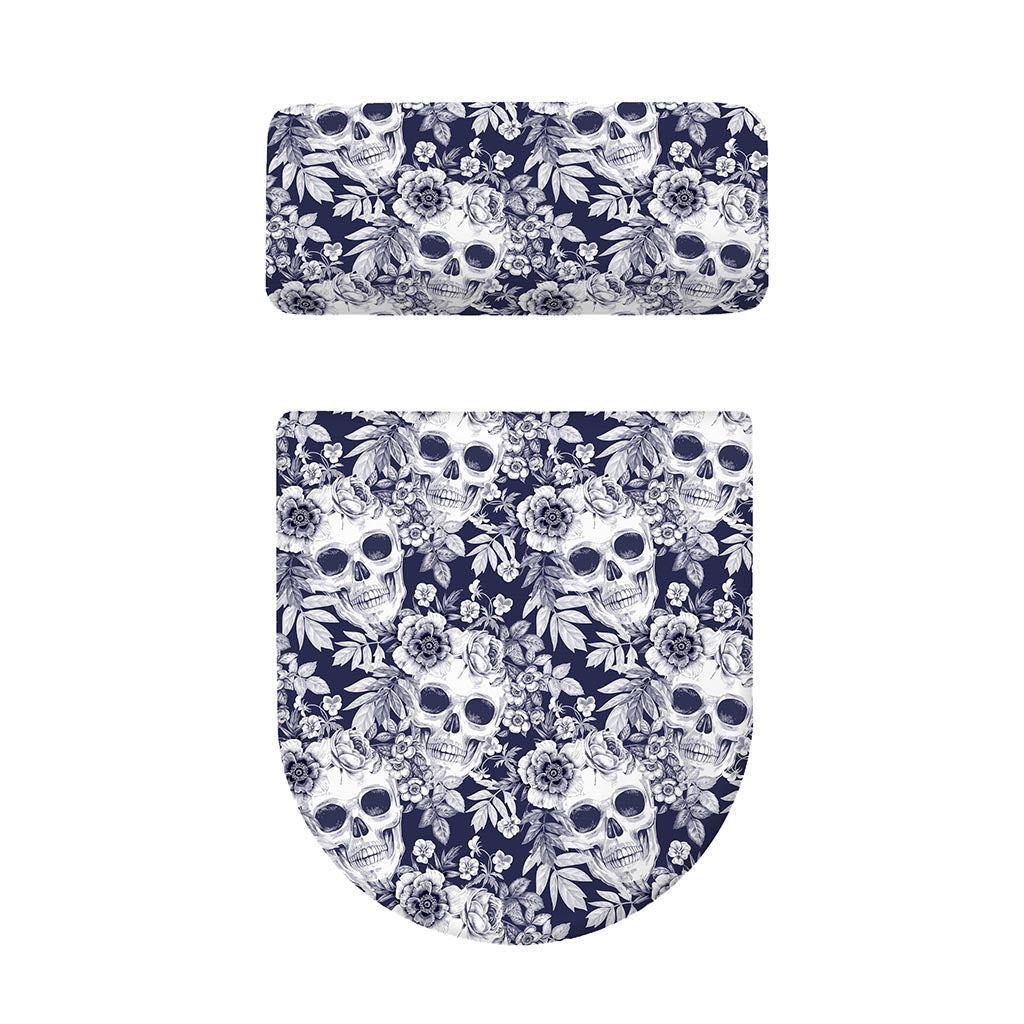 White Blue Skull Floral Pattern Print Toilet Lid And Tank Cover Set