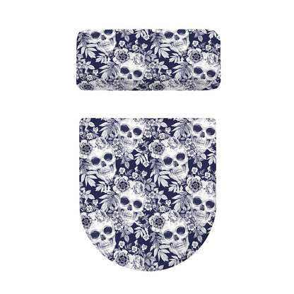 White Blue Skull Floral Pattern Print Toilet Lid And Tank Cover Set