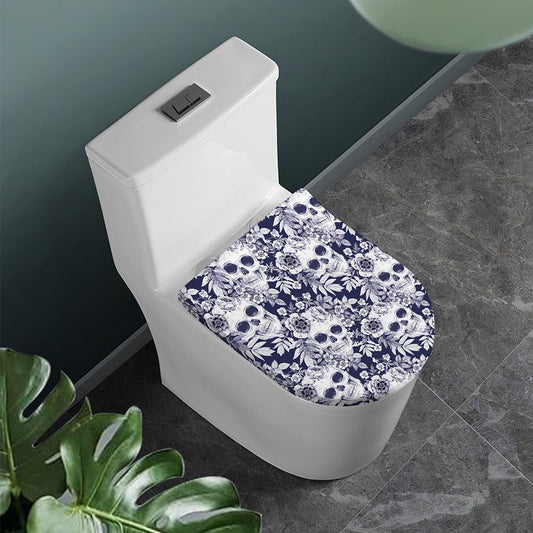White Blue Skull Floral Pattern Print Toilet Lid Cover