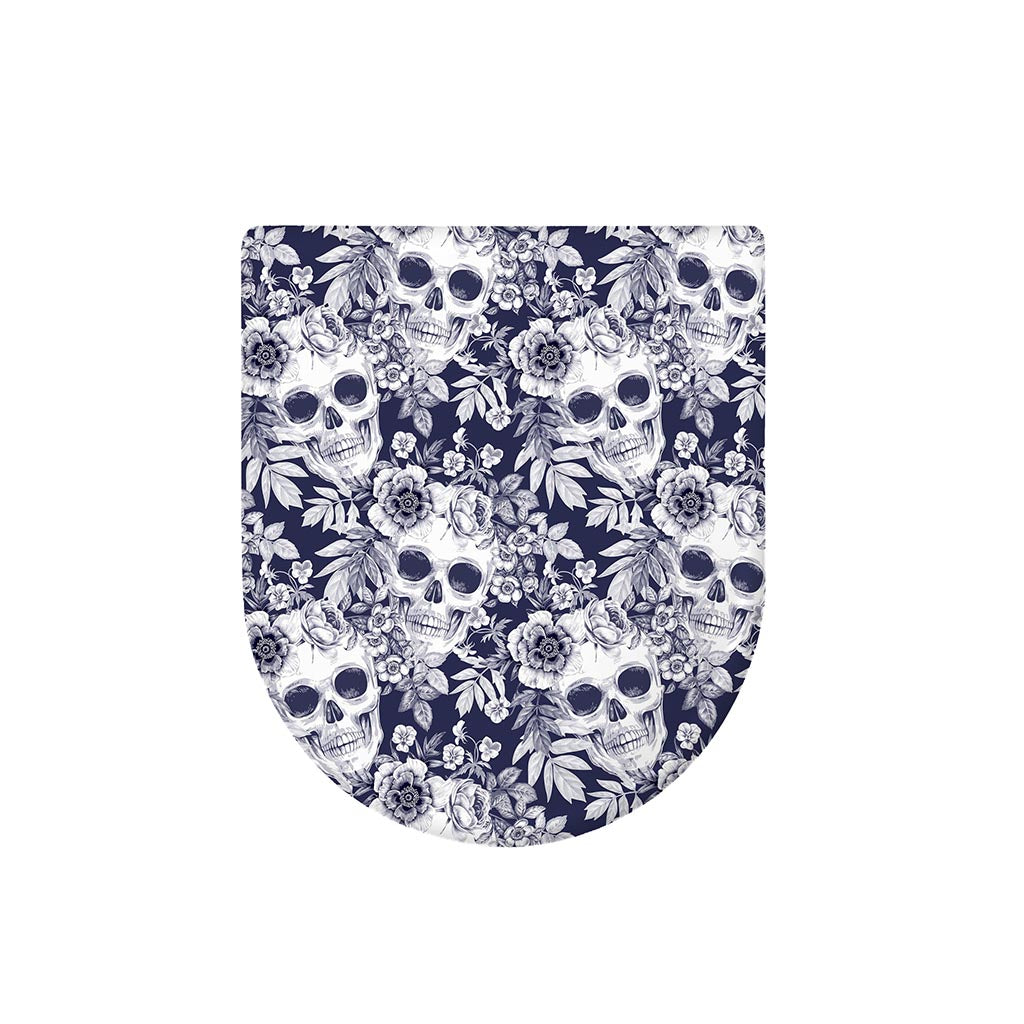 White Blue Skull Floral Pattern Print Toilet Lid Cover