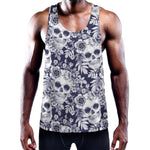 White Blue Skull Floral Pattern Print Training Tank Top