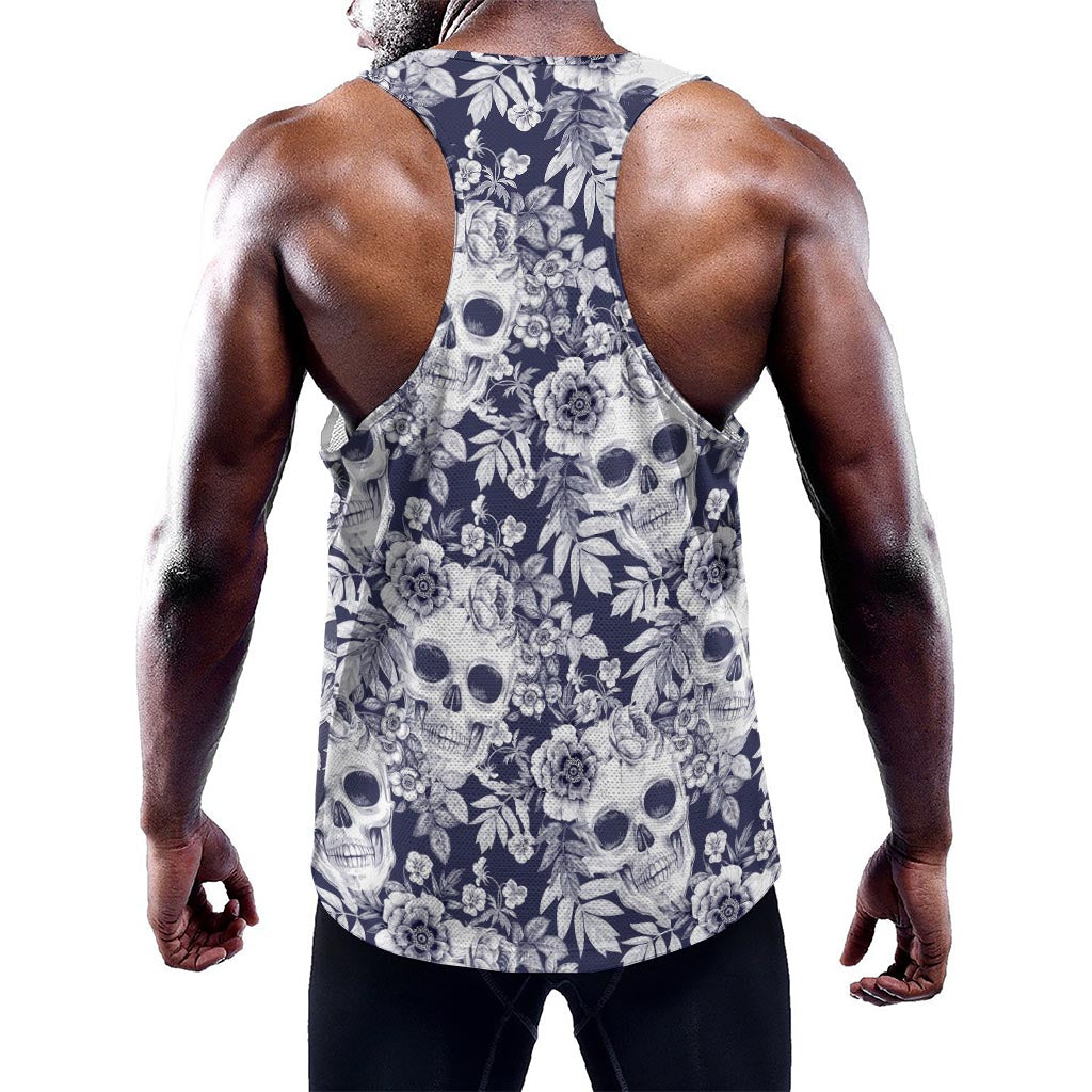 White Blue Skull Floral Pattern Print Training Tank Top