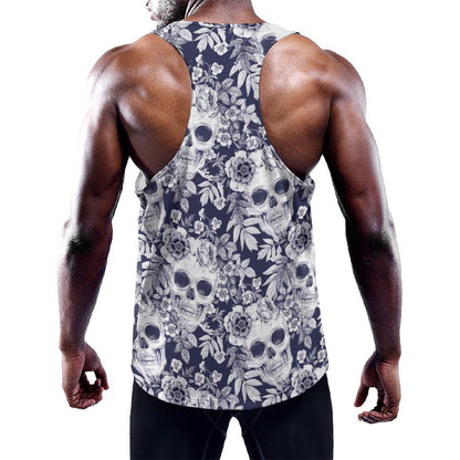 White Blue Skull Floral Pattern Print Training Tank Top