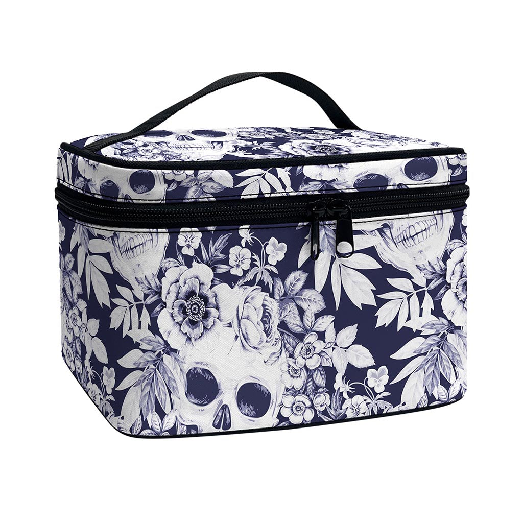 White Blue Skull Floral Pattern Print Travel Makeup Bag