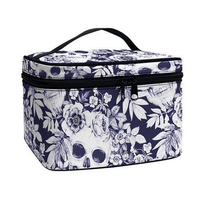 White Blue Skull Floral Pattern Print Travel Makeup Bag