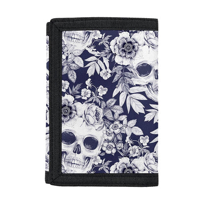 White Blue Skull Floral Pattern Print Trifold Wallet