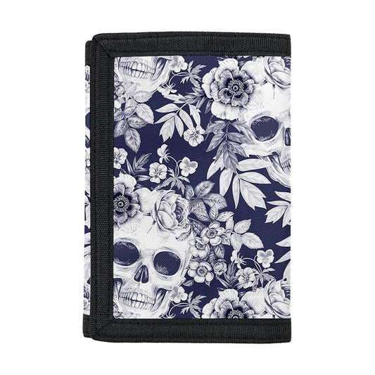 White Blue Skull Floral Pattern Print Trifold Wallet