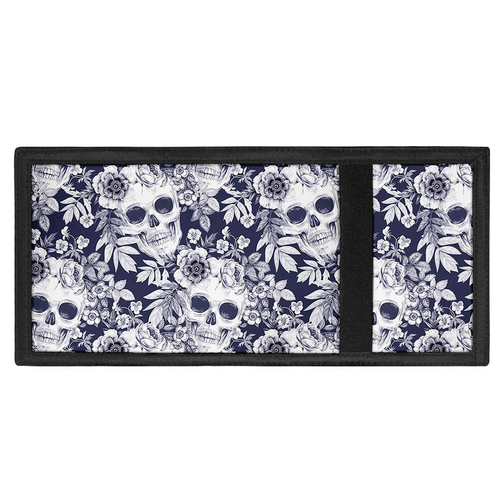 White Blue Skull Floral Pattern Print Trifold Wallet