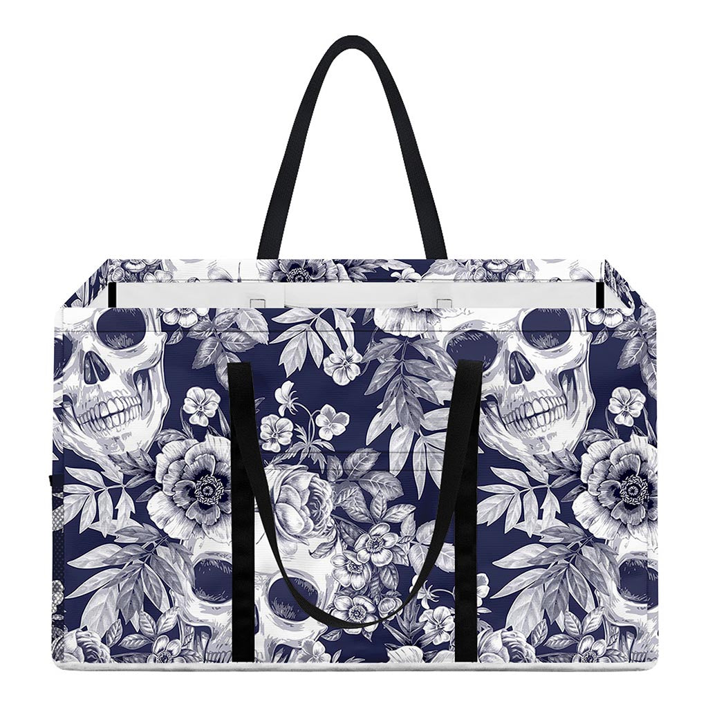 White Blue Skull Floral Pattern Print Utility Tote Bag