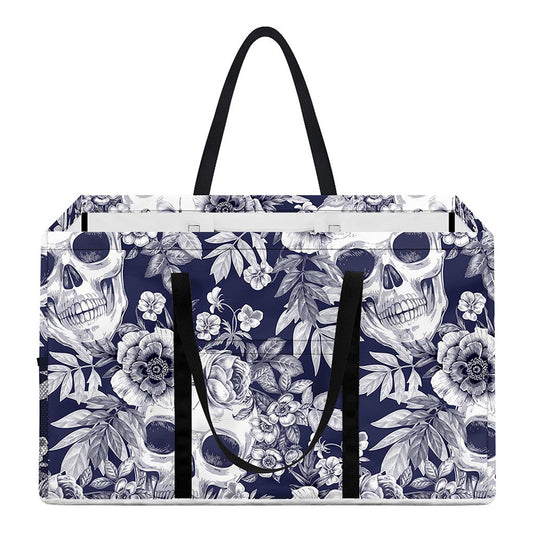White Blue Skull Floral Pattern Print Utility Tote Bag