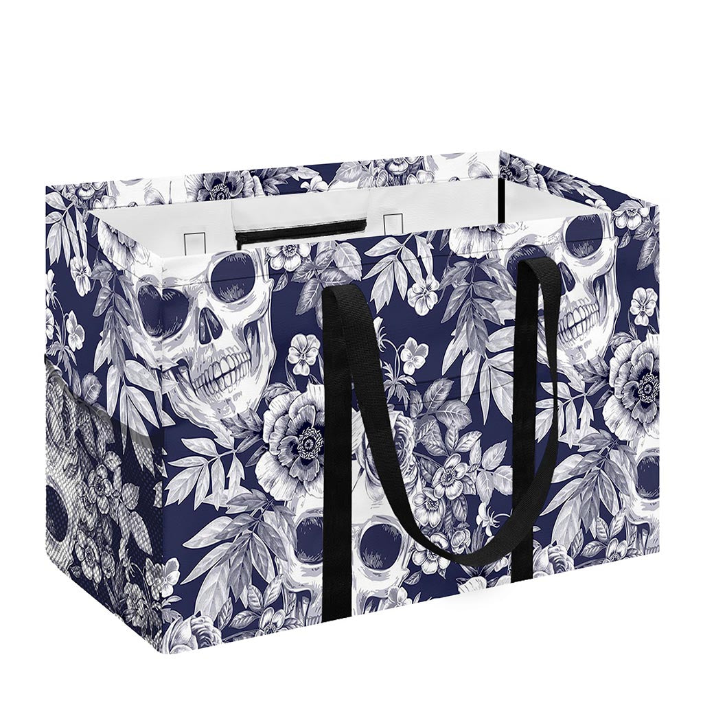 White Blue Skull Floral Pattern Print Utility Tote Bag