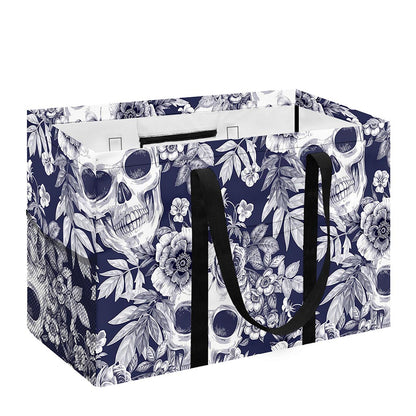 White Blue Skull Floral Pattern Print Utility Tote Bag